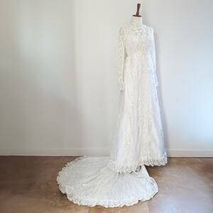 XS VTG 70 Wedding Dress Ivory White Lace Floral High Neck Prairie Victorian Gown